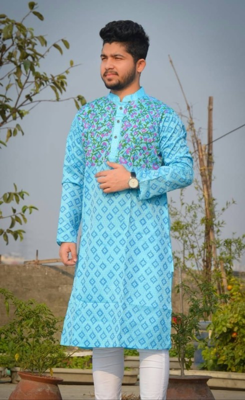 Fashionable Block Printed Dhupian Silk Panjabi ( PAN519 )