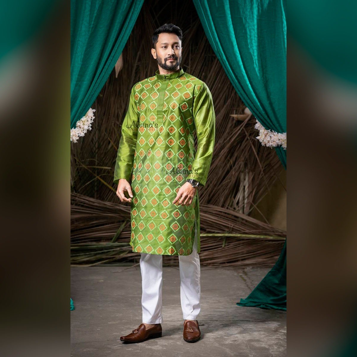 Fashionable Block Printed Dhupian Silk Panjabi ( PAN505 )