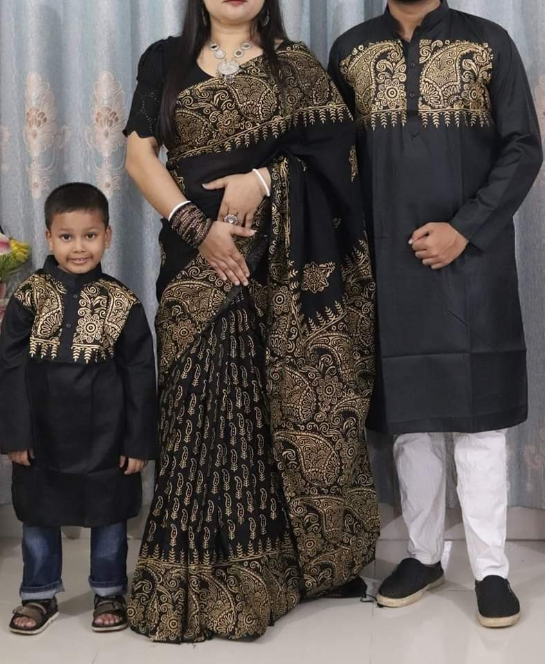 (Family Combo) Printed Dhupian Silk Saree & Panjabi AT210