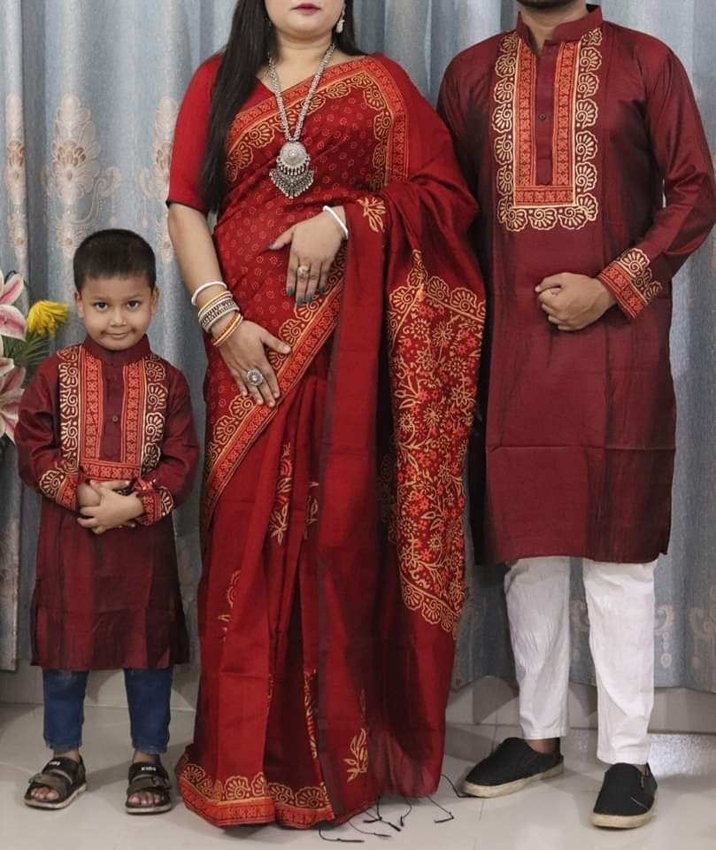 (Family Combo) Printed Dhupian Silk Saree & Panjabi AT210