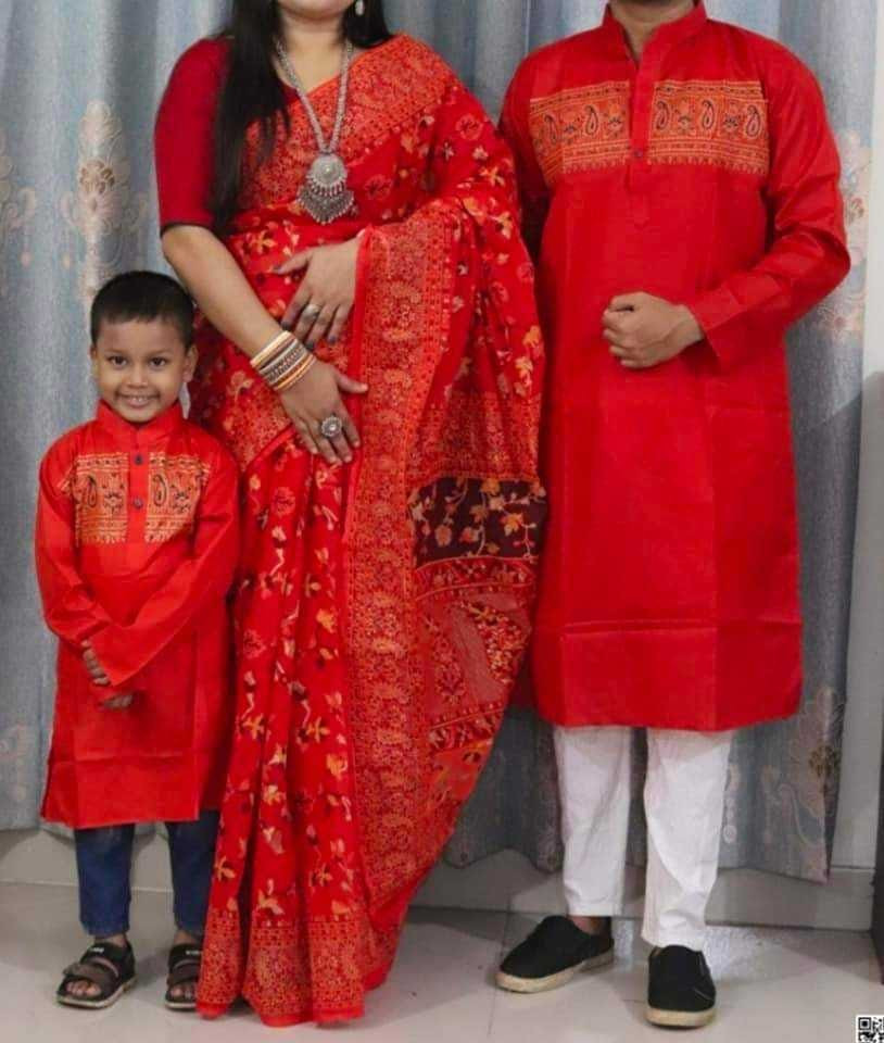 (Family Combo) Printed Dhupian Silk Saree & Panjabi AT210